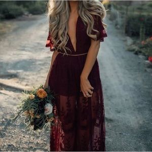 Wine/burgundy deep V lace high slit maxi dress